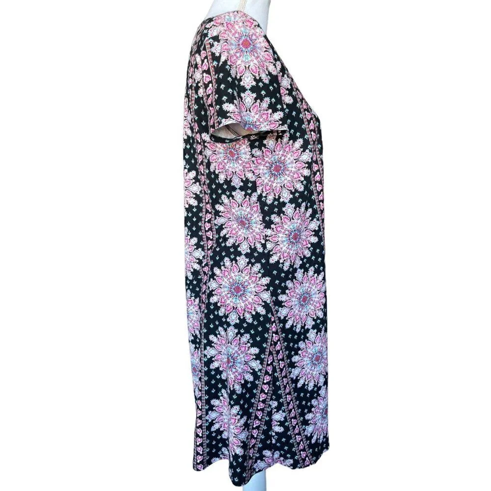 Pink Rose Dress Women's Size Large Short Sleeve Stretchy Black Pink Teal